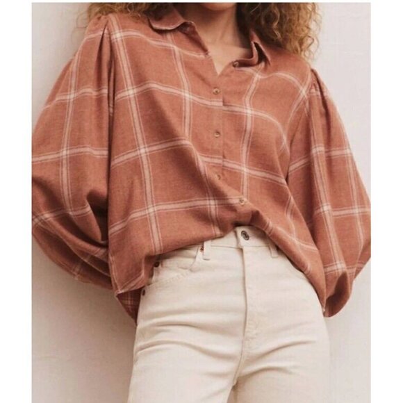 Z‎ Supply Overland Plaid Blouse In Brown Womens Large Evereve New - Picture 6 of 10